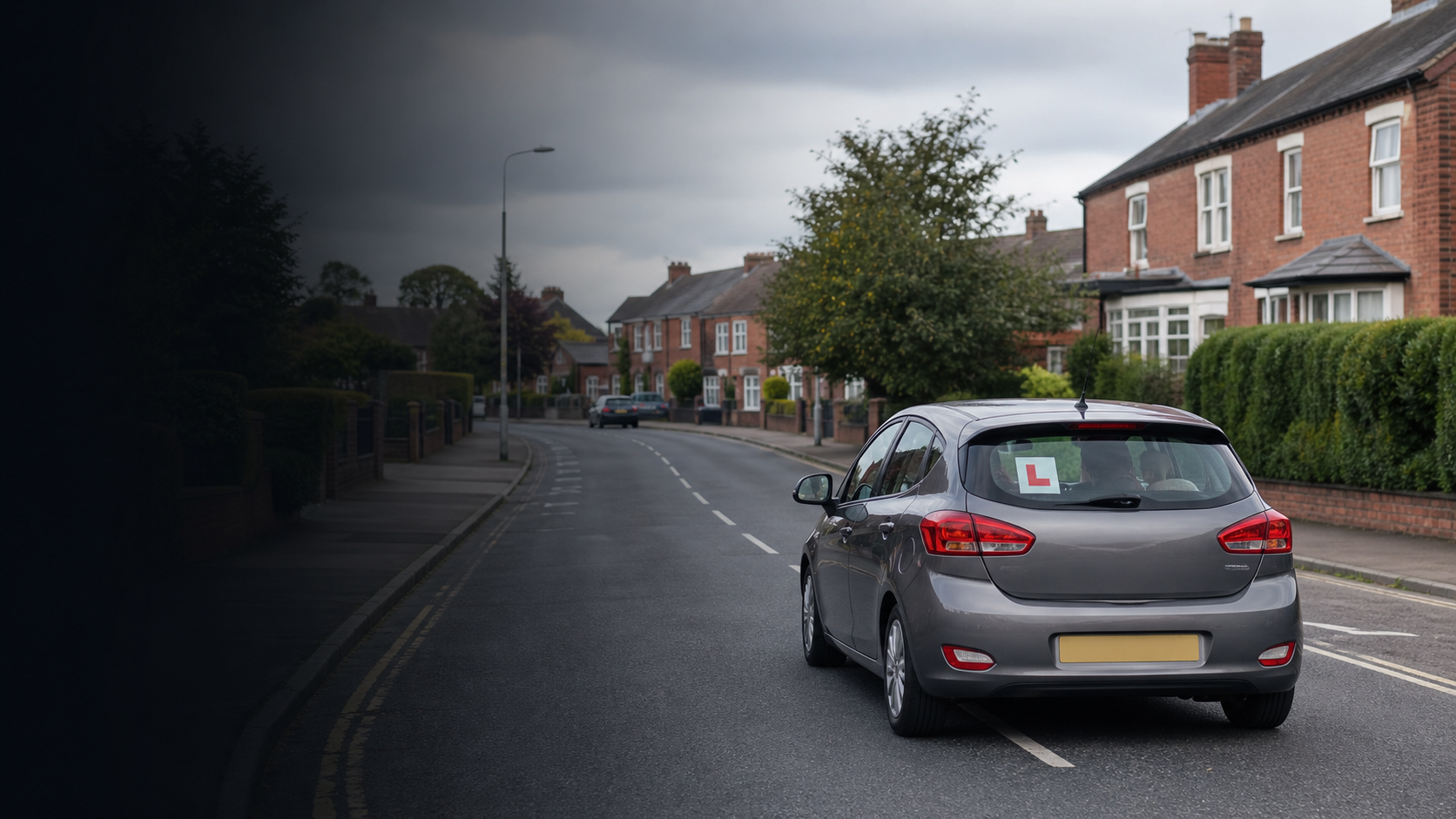 A learner driver having a calm driving lesson on a UK road
